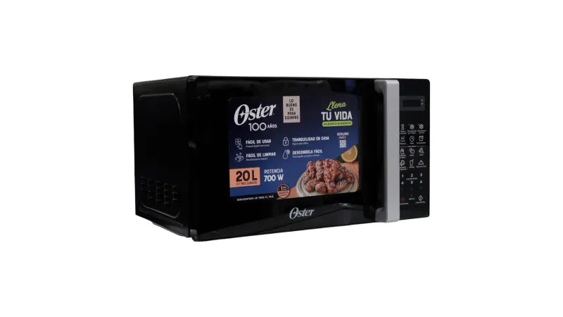 Oster microondas digital Oster 20L negro de 700W con panel digital y diseño moderno.