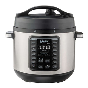 Olla de presión OSTER 7.5L con pantalla digital y botones, ideal para preparar comidas para familias.