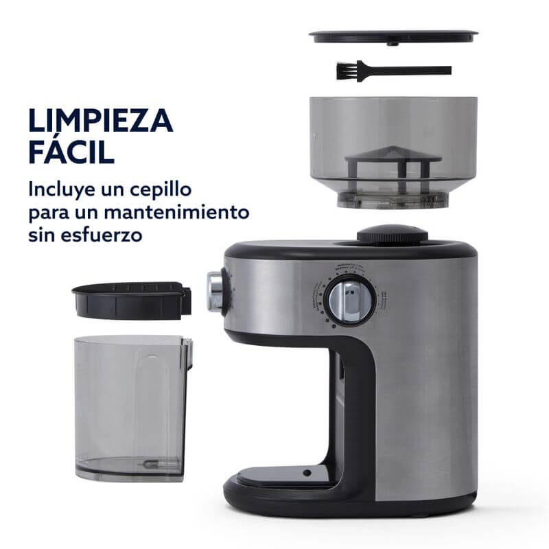 Molino de café automatico hasta 18 tazas OSTER con sistema de limpieza fácil y cepillo incluido para mantenimiento sencillo.