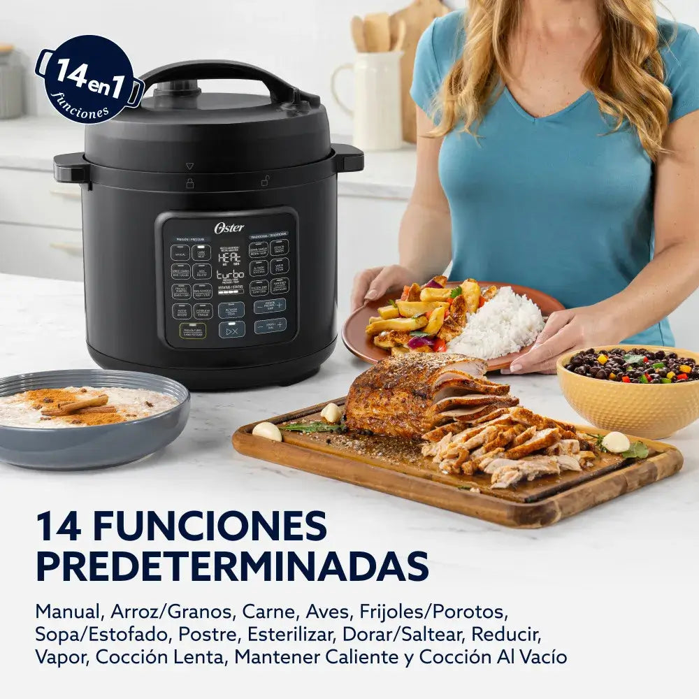 Oster multiolla negra con 14 funciones predeterminadas para cocinar fácilmente en un solo dispositivo.