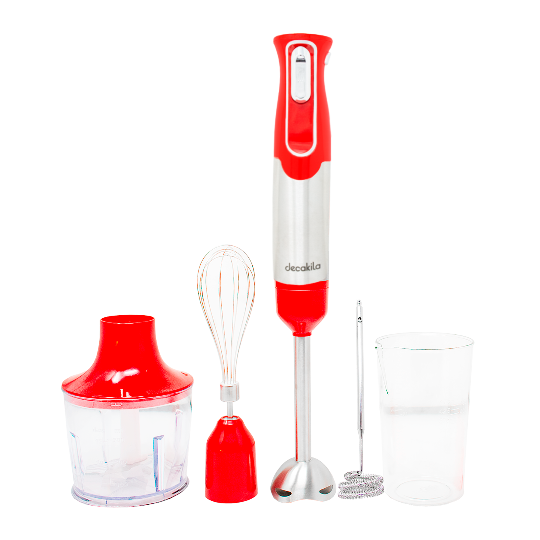 LICUADORA DE MANO 4 EN 1 11.1V ROJA BATERIA RE KMJB024R Decakila con accesorios