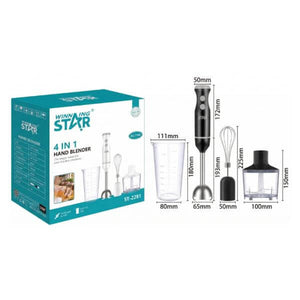 Batidora de inmersión 4 en 1 WINNING STAR ST-2281 con accesorios y dimensiones para cocina moderna.
