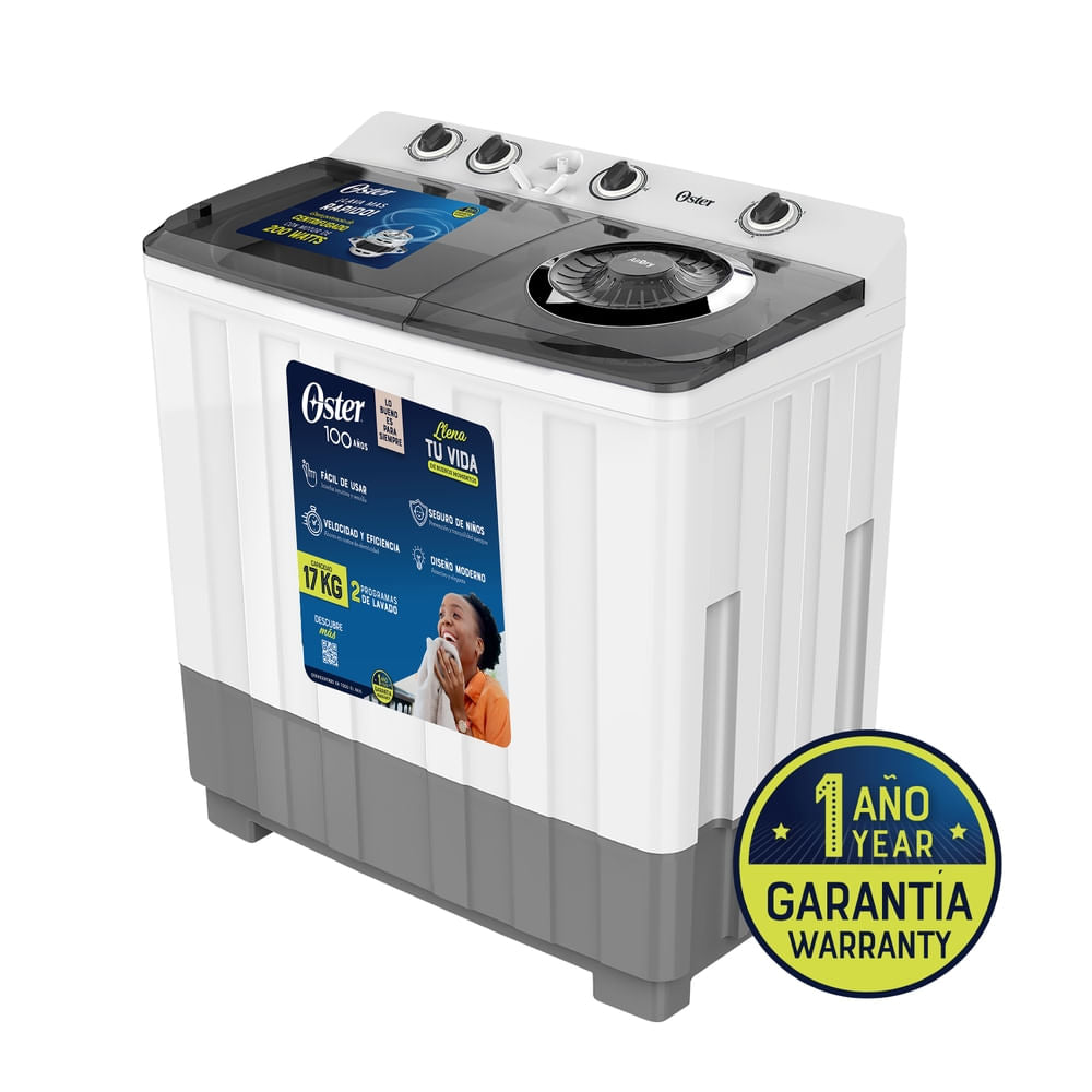 Lavadora OSTER 17 kg OS-PWSMSF0017DBI con alta capacidad y garantía de 1 año. Perfecta para el hogar.