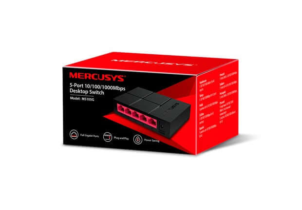 SWITCH 5 PUERTOS MERCUSYS 10/100/1000MBPS - caja y switch de escritorio 5 puertos gigabit, modelo MS105G