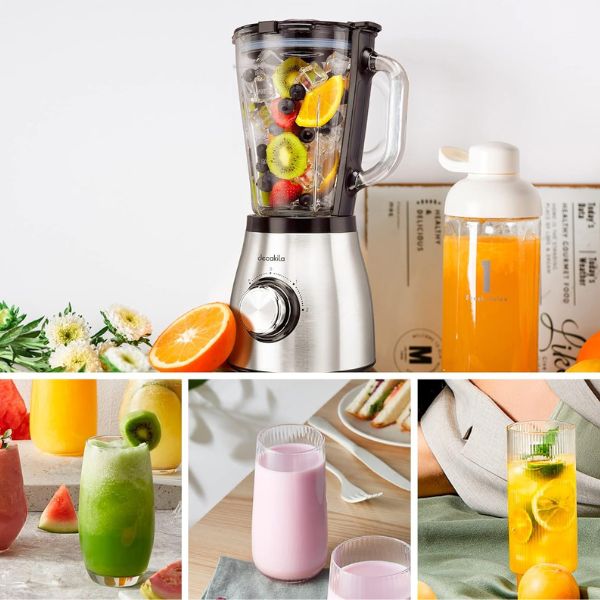 LICUADORA 1.5L 600W 2 VELOCI KUJB006M Decakila con jarra de vidrio, diversas bebidas y diseño moderno en cocina.