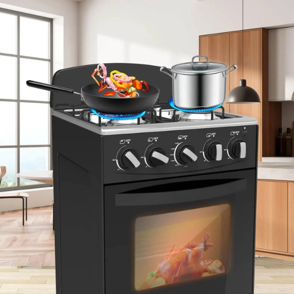 COCINA GAS 20" DESCONT KUGS003B Decakila con quemadores y horno encendido, diseño en acero inoxidable y esmalte negro.