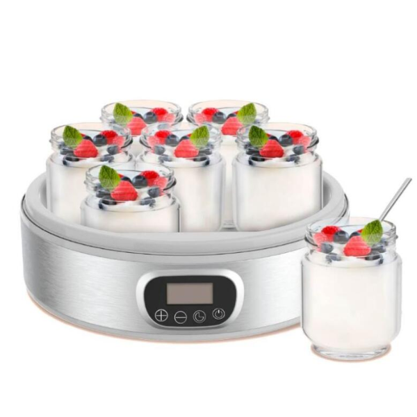 YOGURT MAKER 7PCS 18W KUYM001W Decakila en acero inoxidable con frascos de yogur llenos de frutas frescas.
