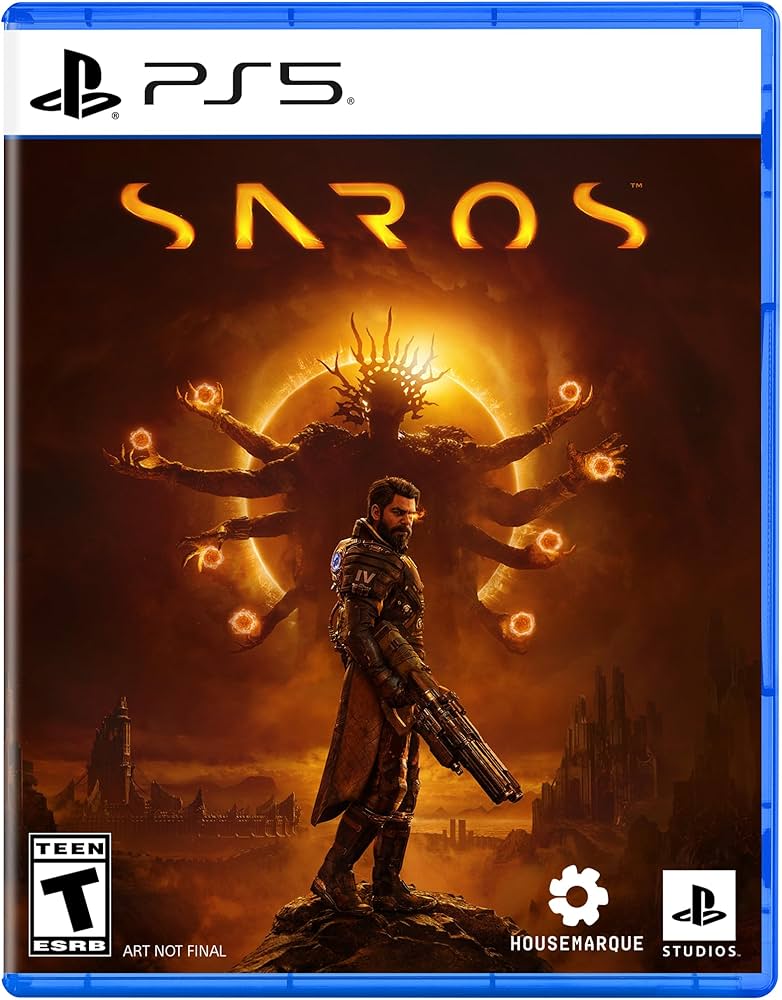 Portada del videojuego JUEGO PS5 SAROS con escena de acción y símbolo de PlayStation 5.