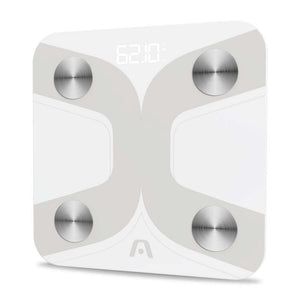 Báscula corporal inteligente Accura 10 BT con pantalla digital y diseño elegante en vidrio templado.