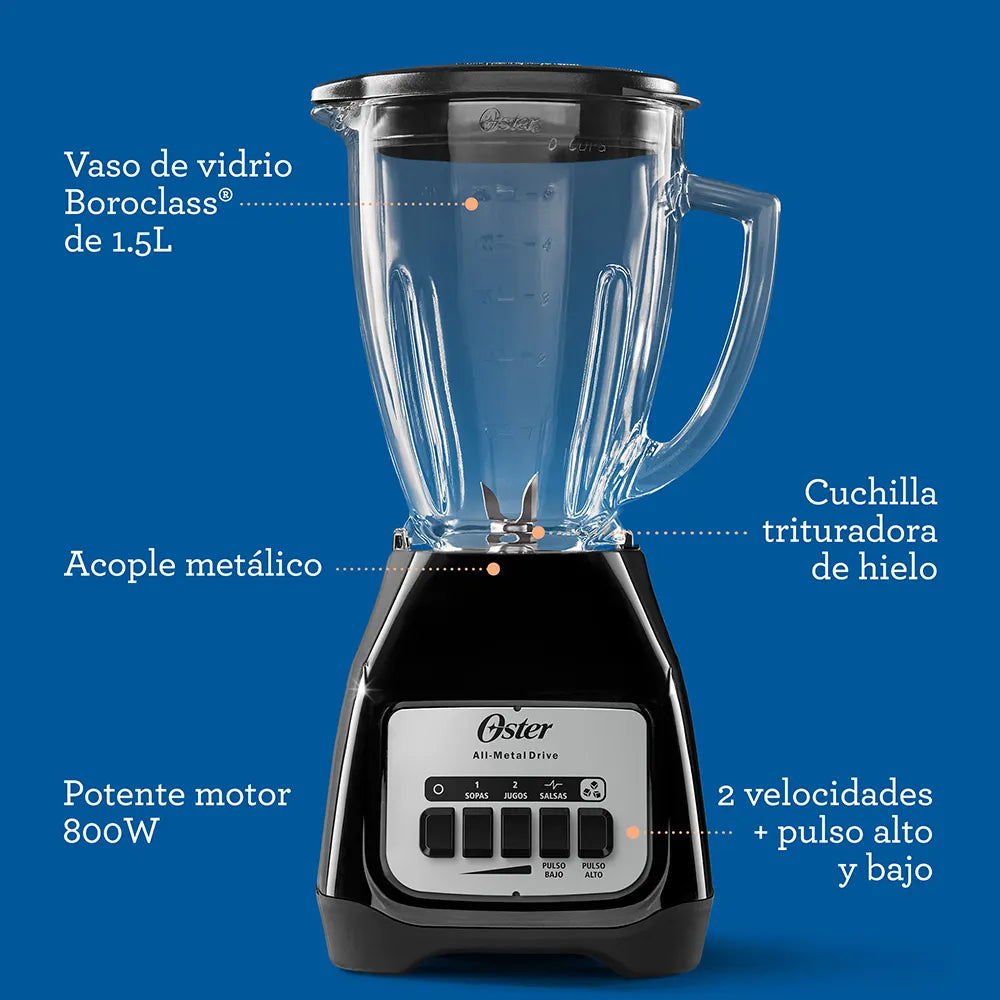 Licuadora Oster 2 Velocidades, Vaso Vidrio Boroclass, Motor Duradero, Capacidad 1.5L, Cuchilla Trituradora De Hielo, Acabado Negro.