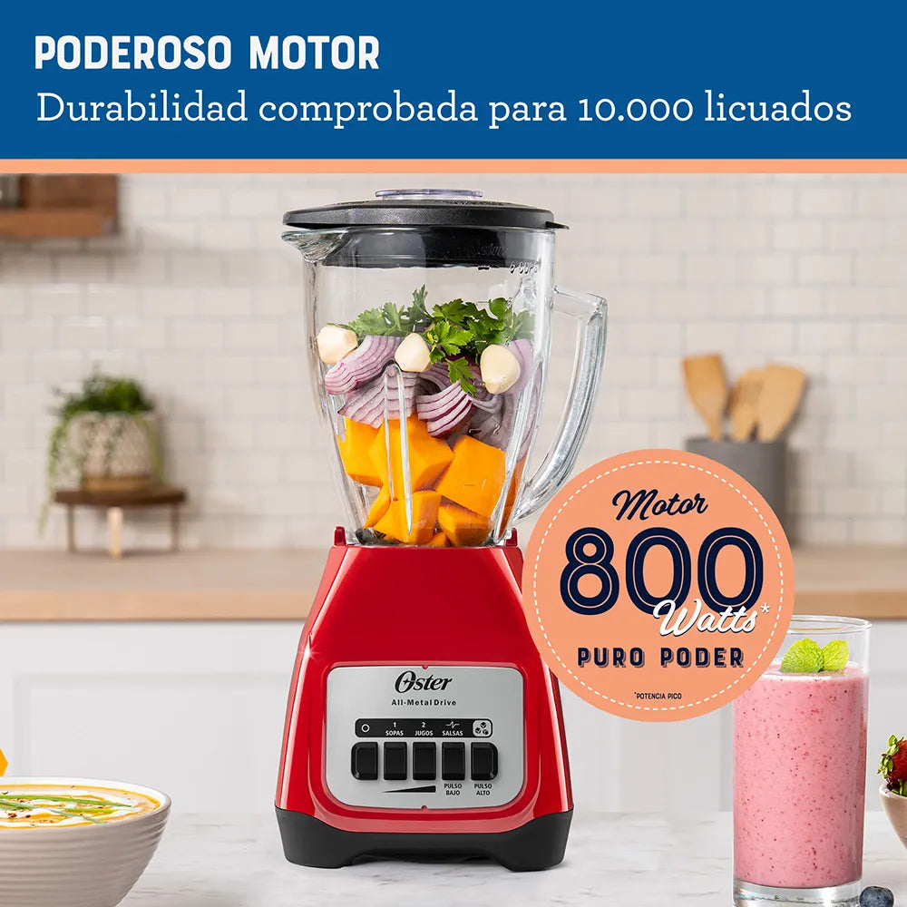 Licuadora Oster 2 Velocidades, Vaso Vidrio Boroclass, Motor Duradero, Cuchilla Trituradora De Hielo, Capacidad 1.5L, Acabado Rojo