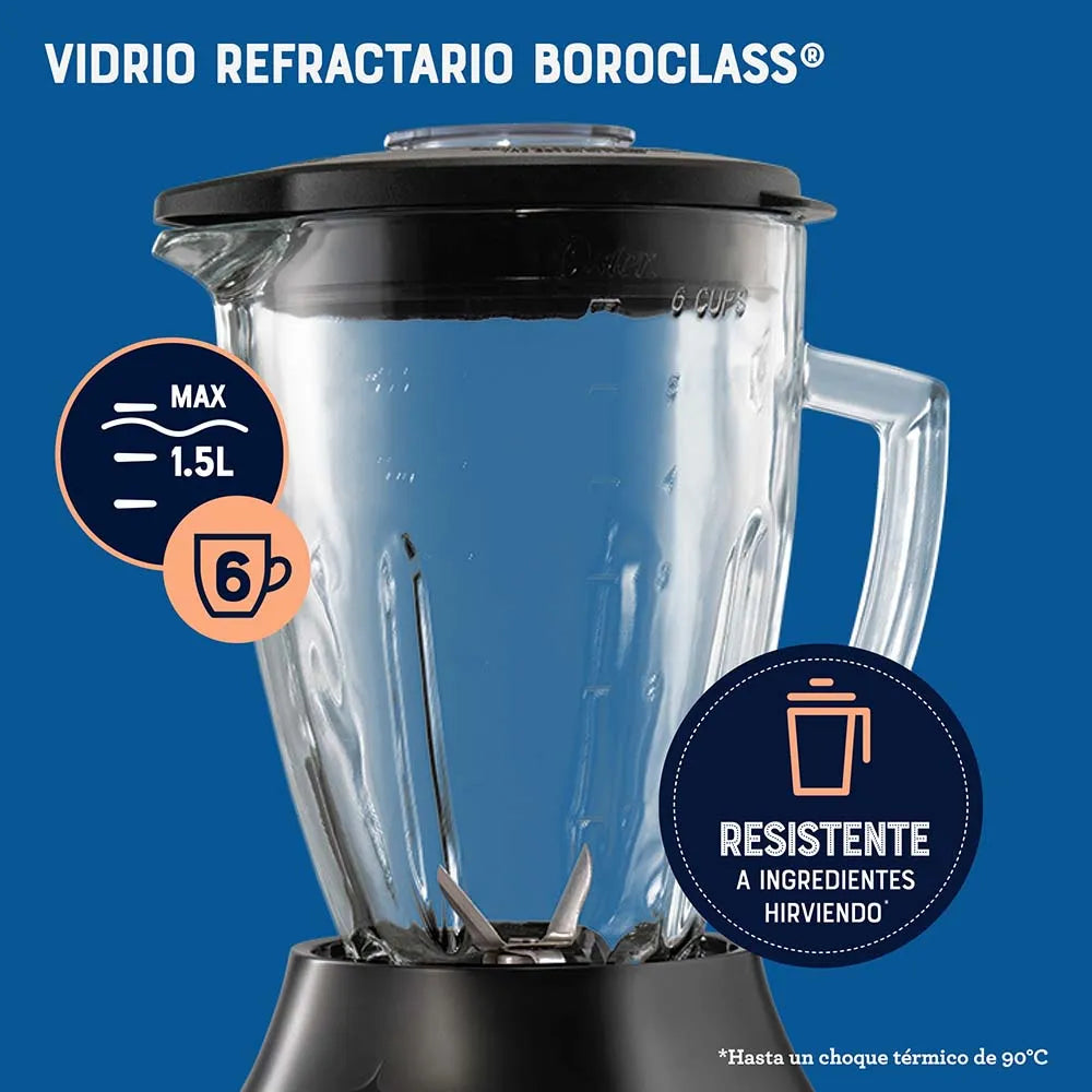 Licuadora Oster 6 Velocidades Con Motor De 800W Y Vaso De Vidrio Refractario Boroclass, Capacidad 1.5 Litros, Cuchilla De Acero Quirúrgico Y Tapa Con Cuchara Medidora De 60Ml.