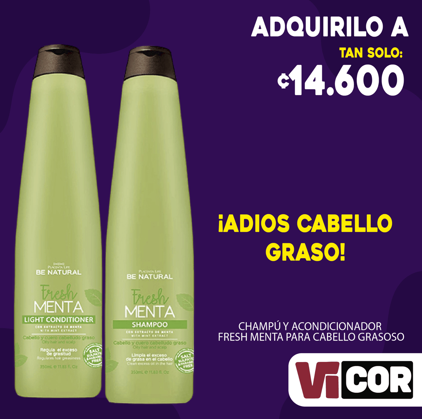 Kit shampoo + acondicionador fresh menta para cabello grasoso.