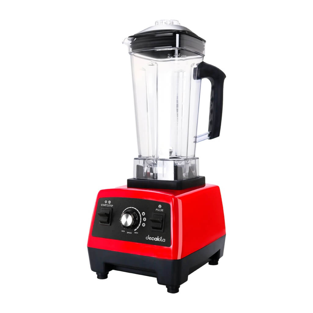 Licuadora POWERFULL 1000W 2L KUJB031R Decakila en rojo y negro con diseño elegante y patas antideslizantes.