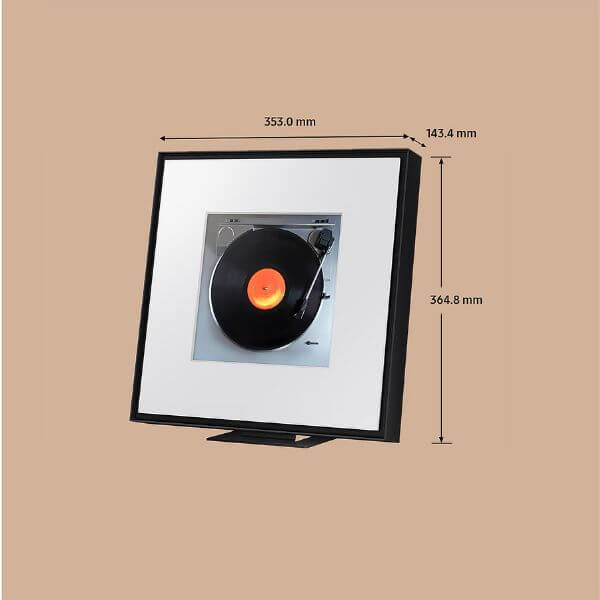 Altavoz inteligente Samsung Music Frame con diseño moderno y dimensiones específicas.