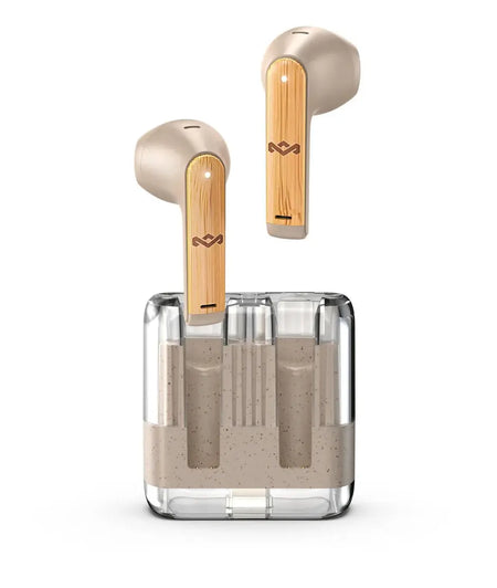 Audífonos Bluetooth Zion TWS Earbuds JE105CE beige, auriculares bluetooth inalámbricos beige en estuche de carga.
