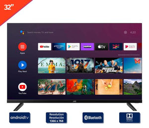 televisor JVC 32 pulgadas Android TV con resolución 1366x768 y funciones de Bluetooth y aplicaciones.