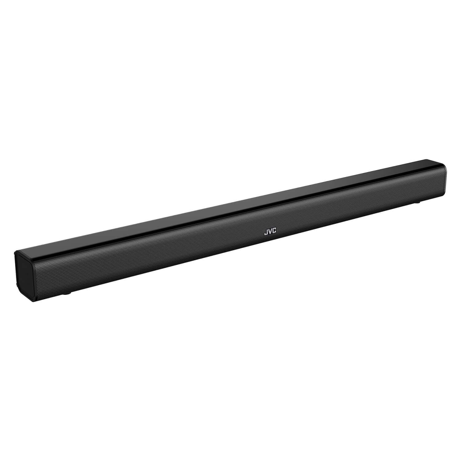 barra de sonido JVC con bluetooth de 30W RMS en color negro, diseño moderno y elegante.