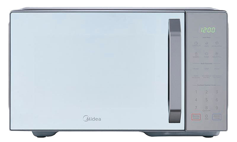 Microondas Midea 1.1 pies con grill, acabado espejo en gabinete gris, diseño elegante y funcional.