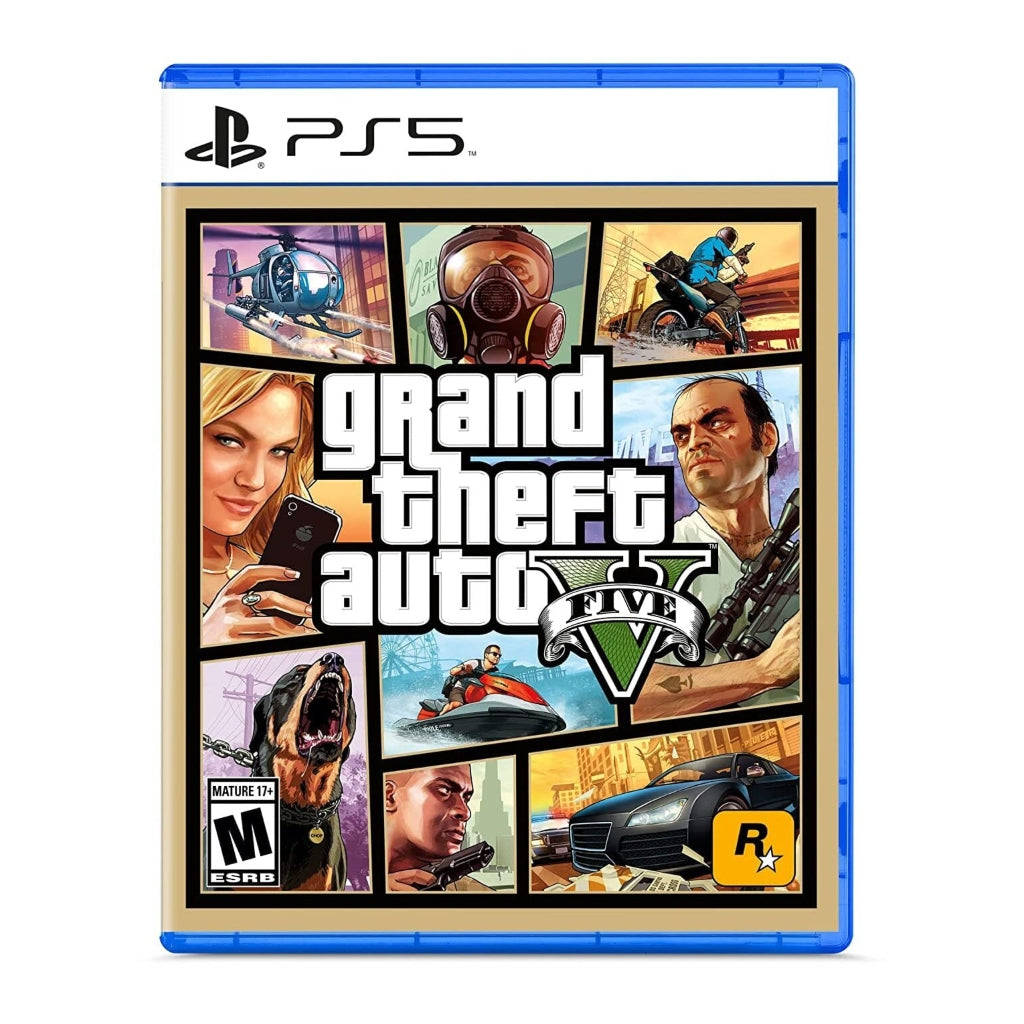 Carátula del juego PS5 Grand Theft Auto V con personajes y escenas icónicas del juego en gráficos mejorados para PlayStation 5.