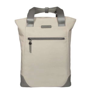 Mochila convertible para portátil Targus beige, diseño elegante con asas grises y bolsillo frontal.