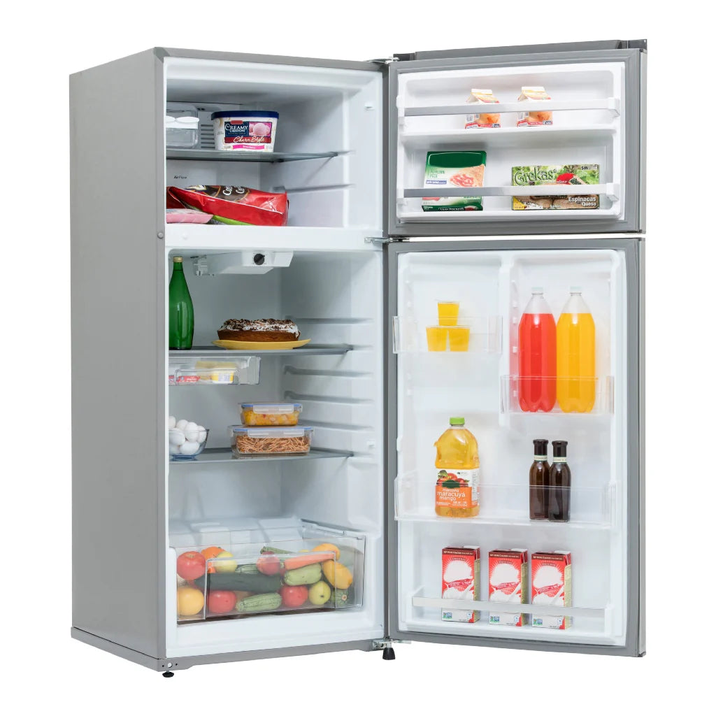 refrigerador inoxidable 17 pies Whirlpool abierto lleno de alimentos, mostrando frutas, verduras y bebidas.