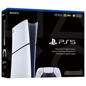 Caja de la Consola Sony PS5 Slim Edición Digital (825GB) mostrando diseño y controlador en fondo negro.