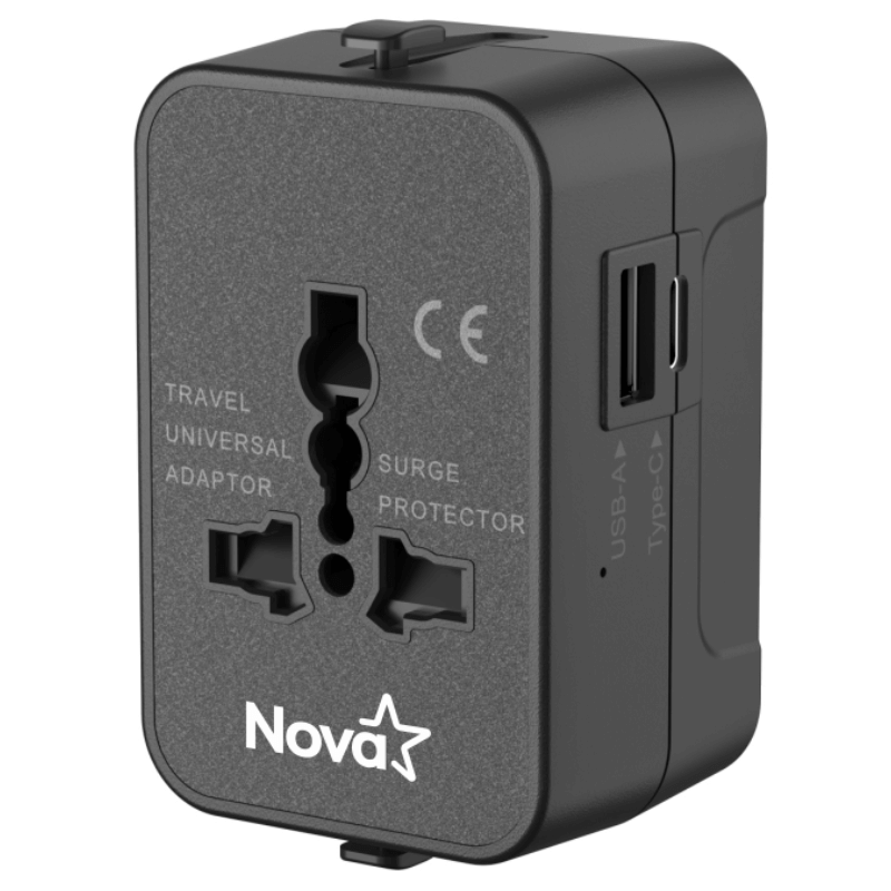 ADAPTADOR UNIVERSAL NOVA FEU10200001C USB-A / USB-C PD 600W-1440W compact black travel adapter with USB-A and USB-C ports