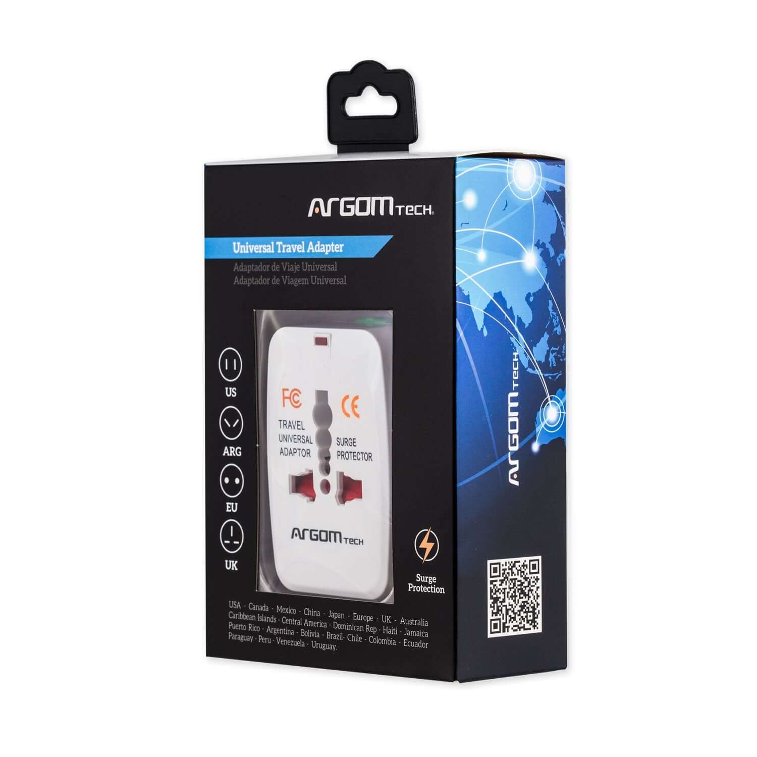 Adaptador de viaje universal para enchufes internacionales y protección contra sobretensión.