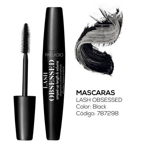 Amped-Up Longitu Y Volumen Mascara black tube and wand with mascara swatch showcasing length and volume
