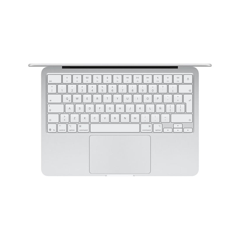 Vista superior de la Apple Macbook Neo A18 Pro 13" 8/256GB Plata mostrando el teclado y el trackpad en color blanco.