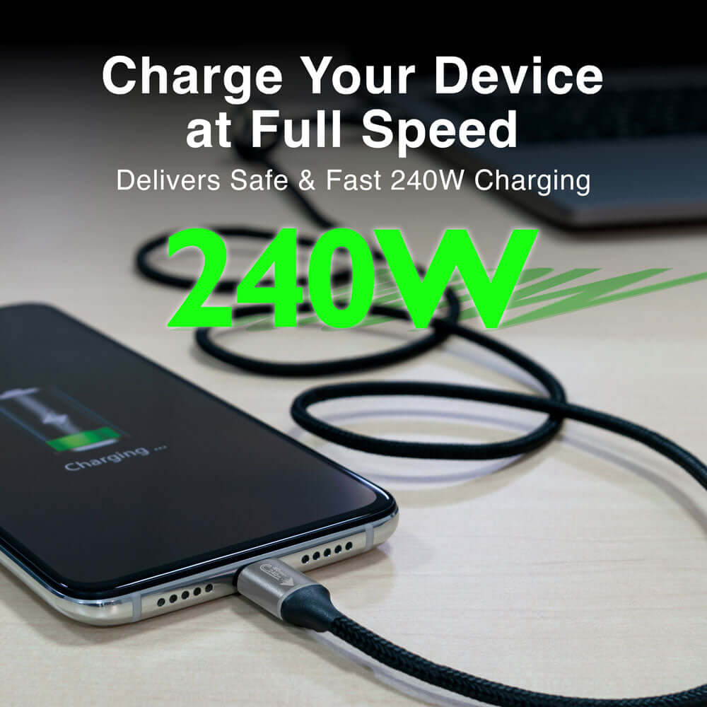 Cable USB-C carga rápida 240W cargando un dispositivo a velocidad máxima y segura.