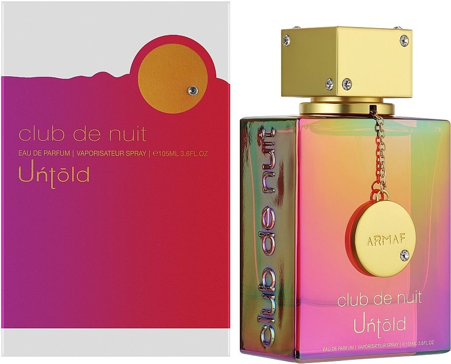 Bottle and packaging of ARMAF CLUB NUIT UNTOLD MUJER 200ML perfume with colorful design and golden cap.