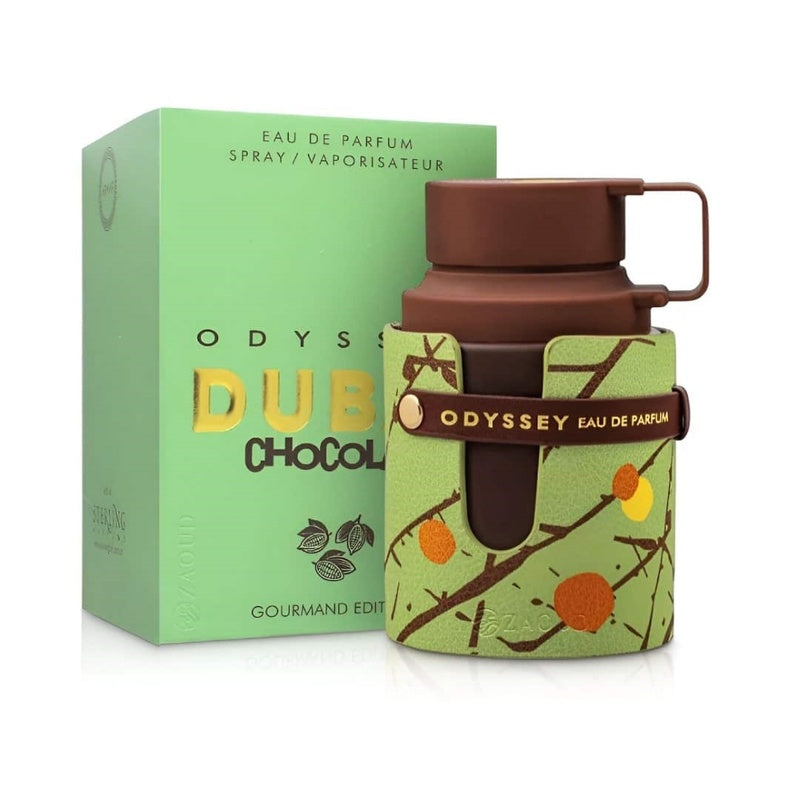ARMAF ODYSSEY DUBAI CHOCOLATE EDP 100ML UNISEX perfume packaging with bottle and green box.