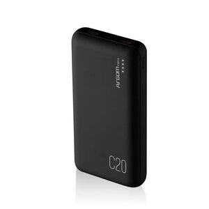 Banco de energía 20000 mAh negro, ideal para cargar dispositivos móviles en movimiento.