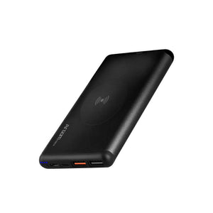 Banco de energía inalámbrico 12000mAh en color negro, diseño delgado con carga rápida y conexión USB.