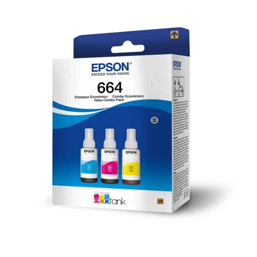 Botellas de tinta Epson T504 en paquete de 3, ideal para impresiones de alta calidad.