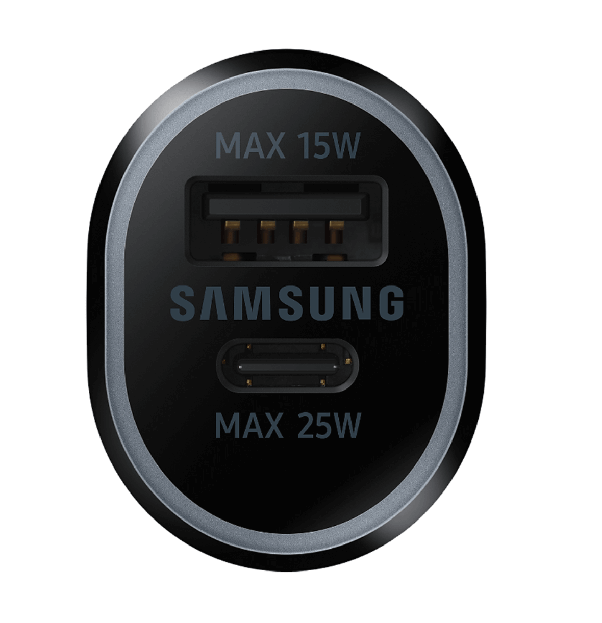 Cargador de carro dual puerto tipo A y C de Samsung, máximo 15W y 25W, color negro.