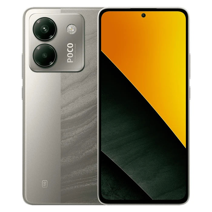 Alt Tag: CELULAR XIAOMI POCO M7 PRO / 256GB 12GB 5G frontal and rear view showcasing dual cameras and large display