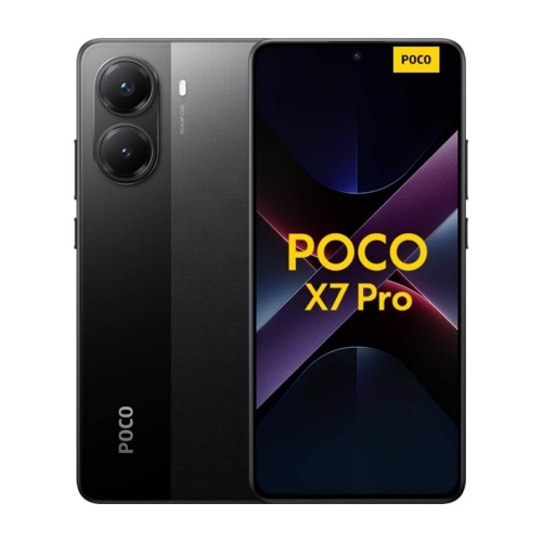 CELULAR XIAOMI POCO X7 PRO / 512GB 12GB 5G smartphone frontal and back view in black with dual cameras