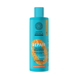 Champú reparador de queratina Natura Siberica 400 ml, ideal para limpiar y dar volumen al cabello.