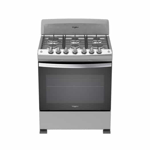 Cocina A Gas Whirlpool - 30 Pulgadas - 6 Quemadores De Aluminio - Capelo De Cristal Templado - Cubierta De Acero Inoxidable, vista frontal de estufa con horno y parrillas