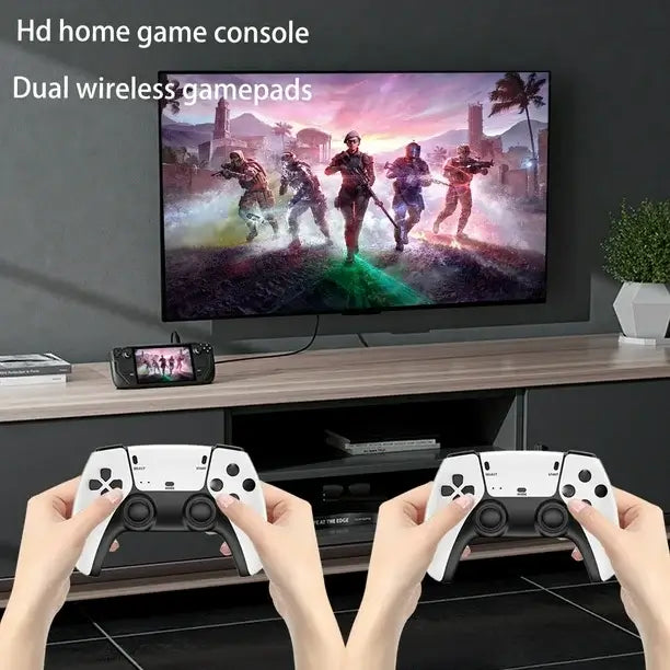 Consola de juego retro inalámbrica 4K con controladores duales en un televisor HD.