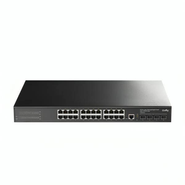 SWITCH CUDY GS5024S4 PUERTOS 24 × GBE/4 × SFP+ DE 10 G ADMINISTRABLE L3 - vista frontal del switch de red con puertos