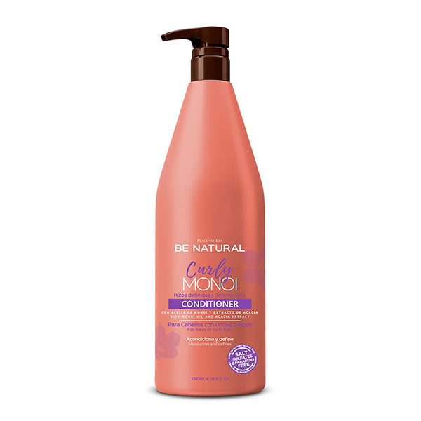 CURLY MONOI ACONDICIONADOR bottle - Be Natural curly hair conditioner in salmon-pink pump bottle, 1L
