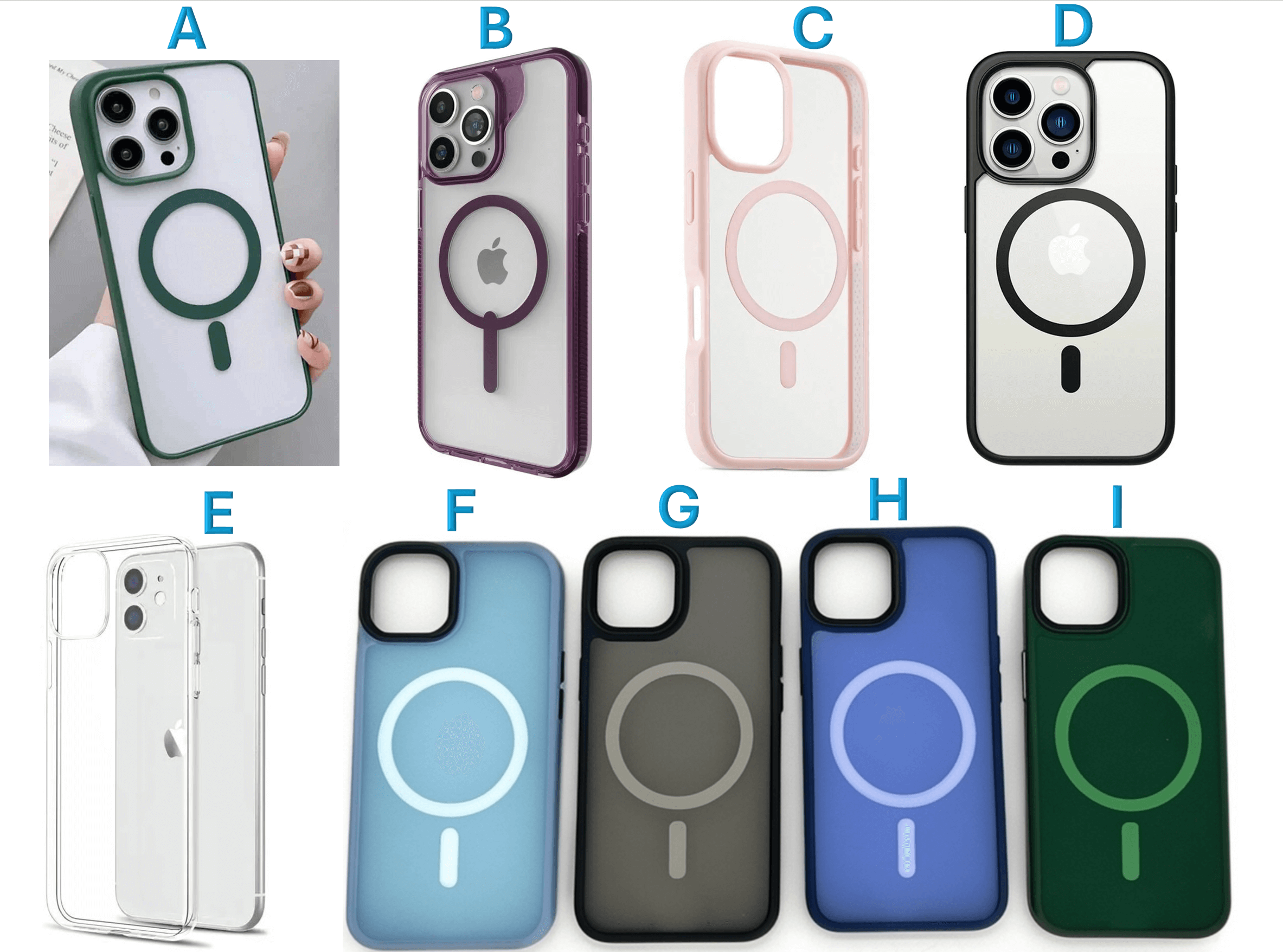 Estuche 11Pro case collection showing multiple MagSafe-compatible protective phone cases in various colors and clear styles