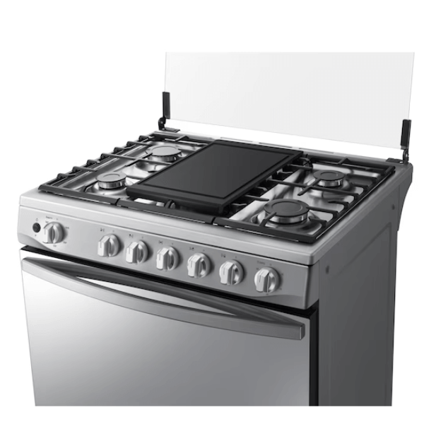 Estufa a gas 6 quemadores Samsung, diseño moderno y elegante para cocina.