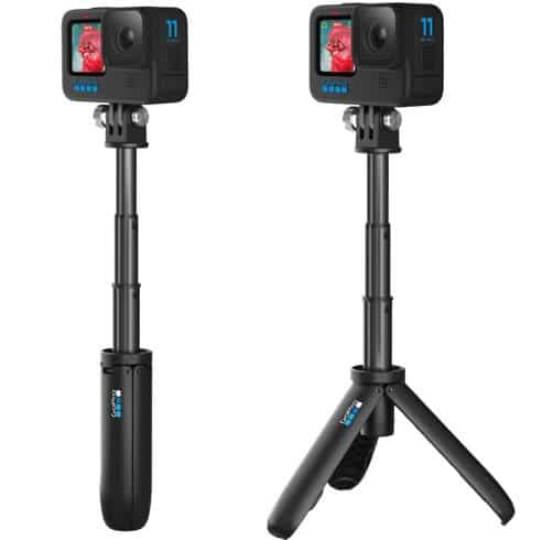 Vara de extensión compacta y mini trípode para cámara GoPro, fácil de transportar y usar.