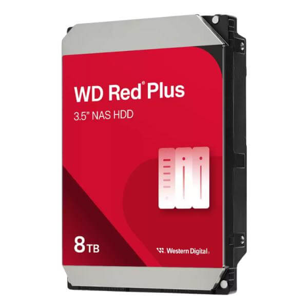 HD INTERNO 8TB WESTERN DIGITAL RED PLUS WD80EFPX 3.5" SATA III 5640 RPM CMR / NAS RAID - front view of WD Red Plus 8TB NAS hard drive
