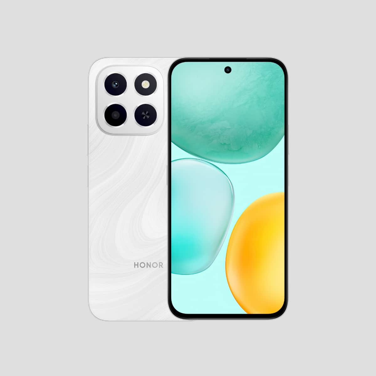 Celular Honor X6C 6GB+256GB Blanco vista frontal y trasera con parlante Honor Choice incluido, pantalla 6.61" y cámara 50MP